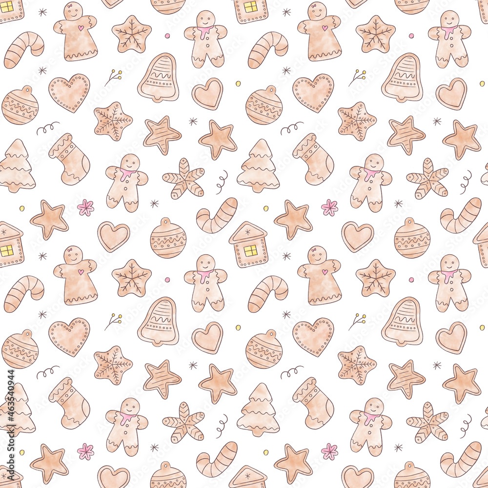 Seamless pattern with gingerbread cookies for christmas, white background. Watercolor hand drawn illustration. Ideal for fabric, textile, wallpaper, prints scrapbooking wrapping paper party decoration