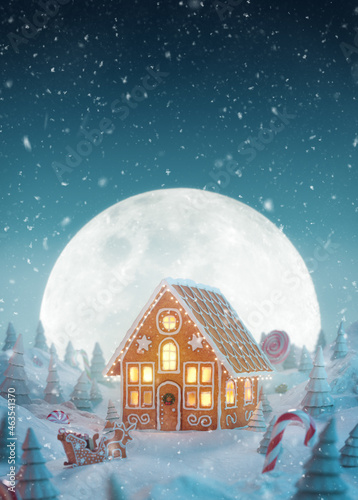 Cute cozy fairy Christmas gingerbread house decorated of Christmas lights © ASTA Concept
