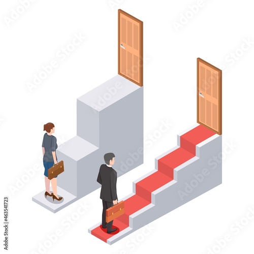 Sexism, gender discrimination, injustice, inequality and unfair career promotion, vector isometric illustration.