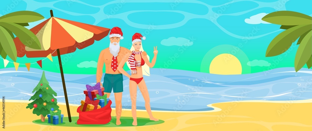 Happy couple in swimwear and Santa hats on beach, vector illustration. Tropic Christmas tour, tropical winter vacation.