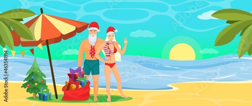 Happy couple in swimwear and Santa hats on beach  vector illustration. Tropic Christmas tour  tropical winter vacation.