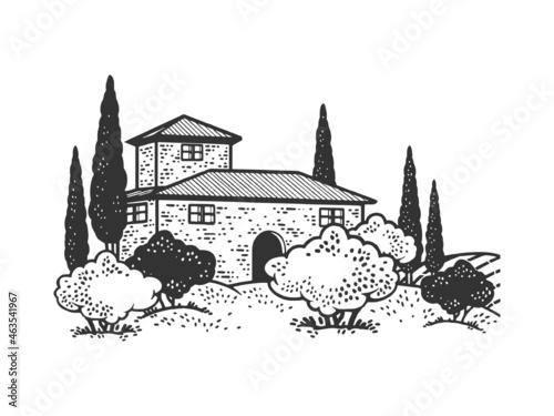 Italian villa with cypresses and vineyards sketch engraving vector illustration. T-shirt apparel print design. Scratch board imitation. Black and white hand drawn image.