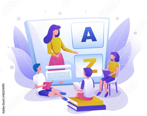 Kids studying languages with online teacher, vector illustration. English language class, course. Distance education.