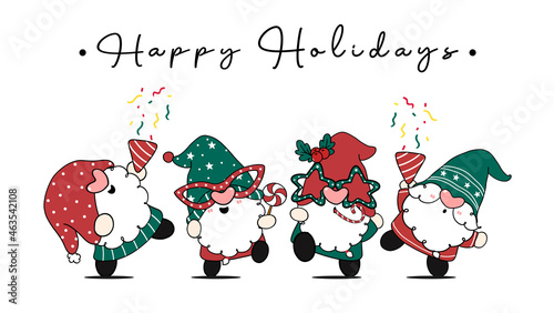 Cute Christmas gnomes celebrate Holiday, cartoon hand drawn doodle flat vector