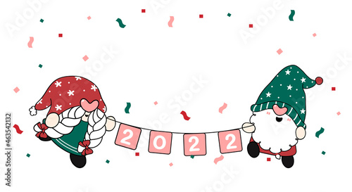 Two cute gnome holding 2022 flag, Christmas and new year gnome boy and girl cartoon hand drawn