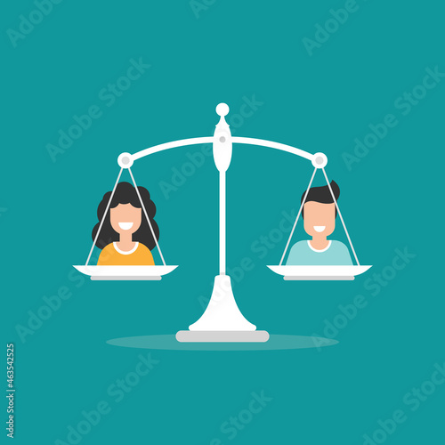 Gender and sexual equality concept. Scales with man and woman avatars.