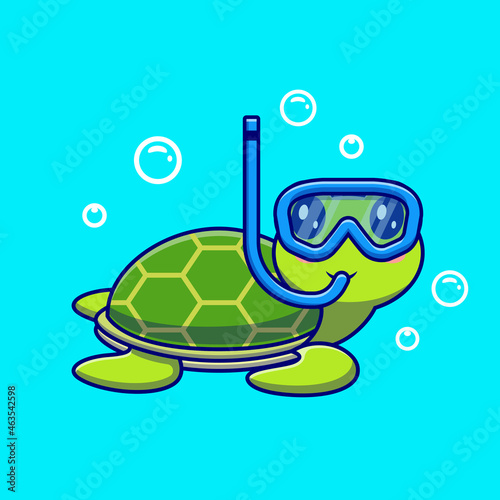 Cute Turtle Snorkeling In The Sea Cartoon Vector Icon Illustration. Animal Nature Icon Concept Isolated Premium Vector. Flat Cartoon Style 