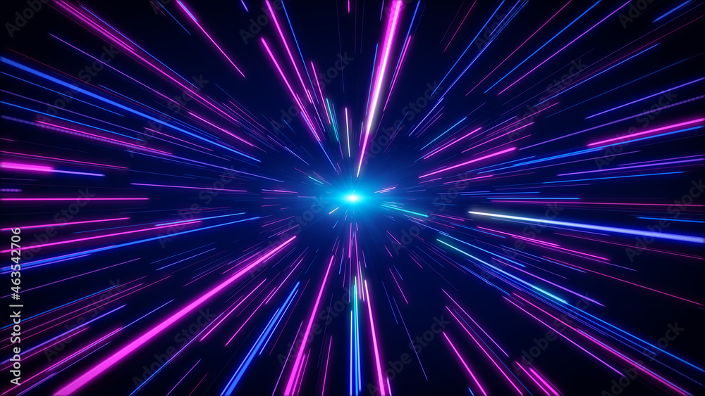 Fototapeta premium Hyperjump in space. Multicolored glowing neon rays. High speed tunnel motion zooming in. 3d rendering