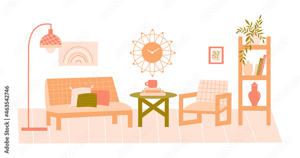 Vector flat illustration with furniture on white background. Modern interior items for living room: sofa, armchair, shelving, houseplant, pictures, wall clock, carpet