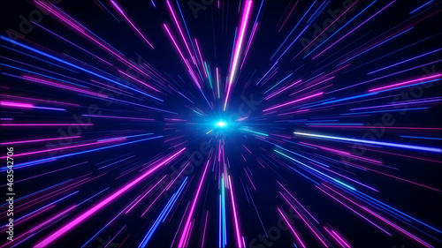 Hyperjump in space. Multicolored glowing neon rays. High speed tunnel motion zooming in. 3d rendering photo