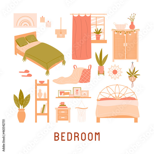 Collection of furniture on white background. Modern interior items for a bedroom:  bed, bedside table, chest, window, shelves, pictures, houseplant, lamp, chest. Vector flat illustration 
