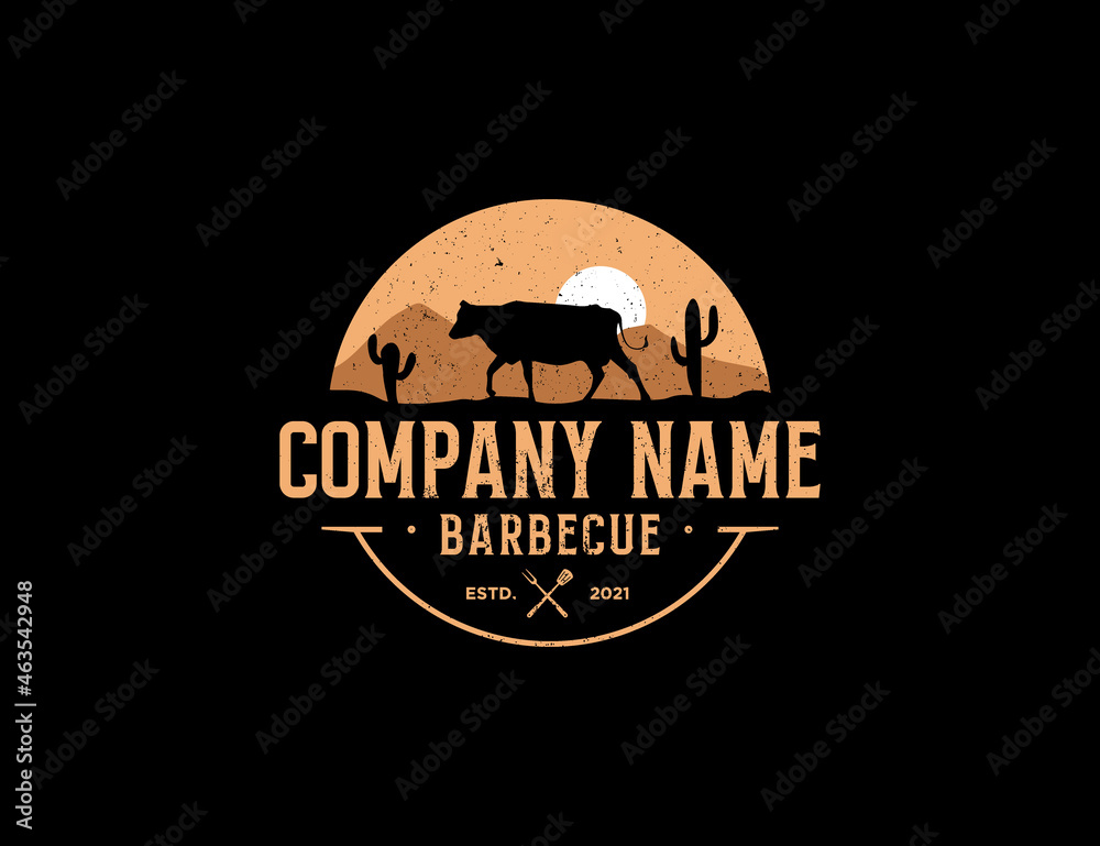 Barbecue logo with theme of desert and cactus badge style