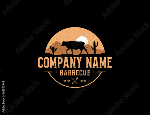 Barbecue logo with theme of desert and cactus badge style