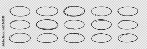 Hand drawn ovals. Highlight circle frames. Ellipses in doodle style. Set of vector illustration isolated on transparent background.