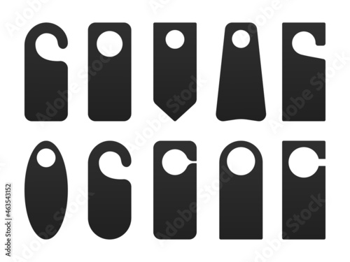 Hotel door hanger tags template icon signs set flat style design vector illustration. Empty door flyer or do not disturb mock up isolated on white background.
