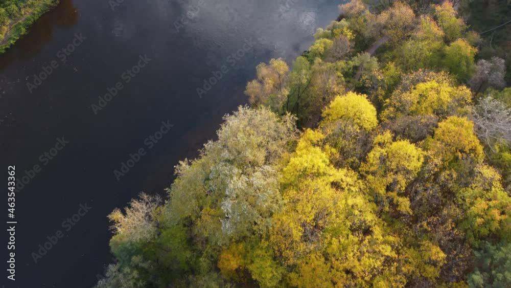 AERIAL Top Down Fly-By of a River Surrounded by Vibrant Autumn Foliage AERIAL Top Down Fly-By of a River Surrounded by Vibrant Autumn Foliage
