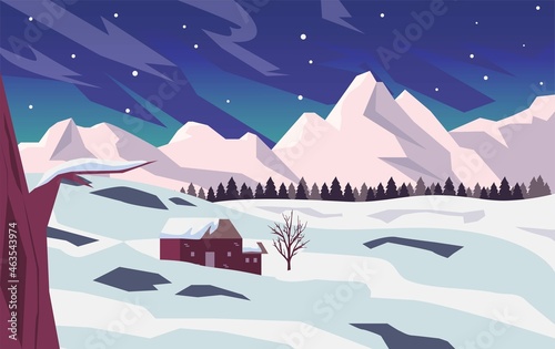 Beautiful scenery of nature landscape in winter with snow, forest, mountains, and cabin. Banner background vector illustration