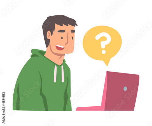 Young Man Character Asking Question Using Internet Search System on His Laptop Vector Illustration