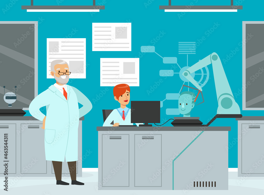 Artificial Intelligence Development with Man and Woman Scientist Engaged in Robot and Machine Research Vector Illustration
