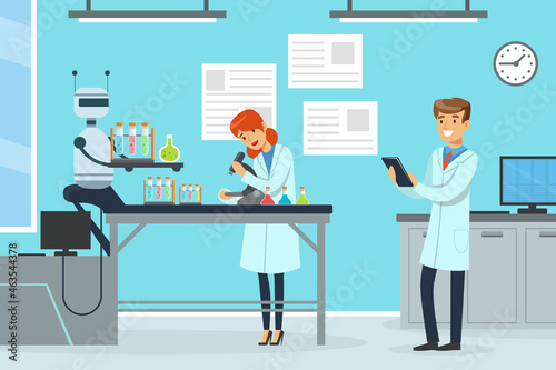 Man and Woman Scientist Conducting Experiment with Artificial Intelligence Assistance Vector Illustration
