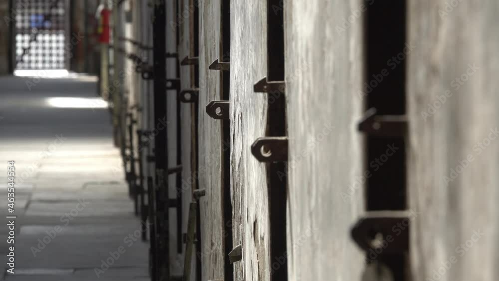 View down row of prison cells in Eastern State Penitentiary. View down row of prison cells in Eastern State Penitentiary.