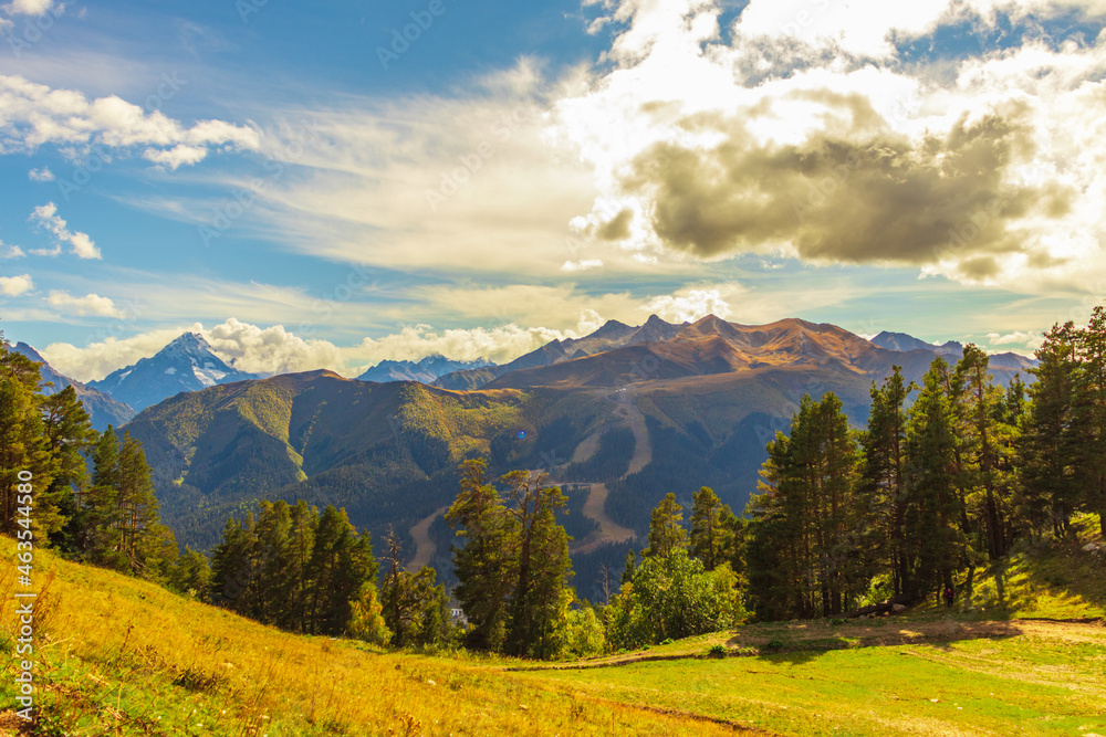 Obraz premium Beautiful mountain landscape, forest and clouds
