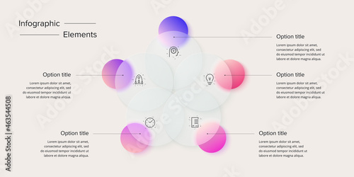 Business process chart infographics with 5 step circles. Circular corporate workflow graphic elements. Company flowchart presentation slide. Vector info graphic in glassmorphism design.
