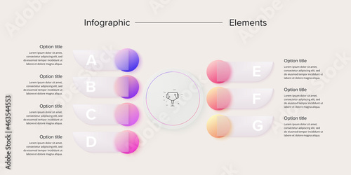 Business process chart infographics with 7 step circles. Circular corporate workflow graphic elements. Company flowchart presentation slide. Vector info graphic in glassmorphism design.