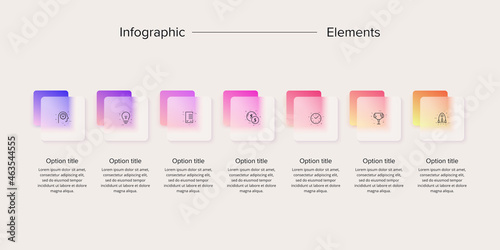 Business process chart infographics with 7 step squares. Rectangular corporate workflow graphic elements. Company flowchart presentation slide. Vector info graphic in glassmorphism design.