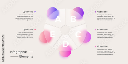 Business process chart infographics with 5 step circles. Circular corporate workflow graphic elements. Company flowchart presentation slide. Vector info graphic in glassmorphism design.