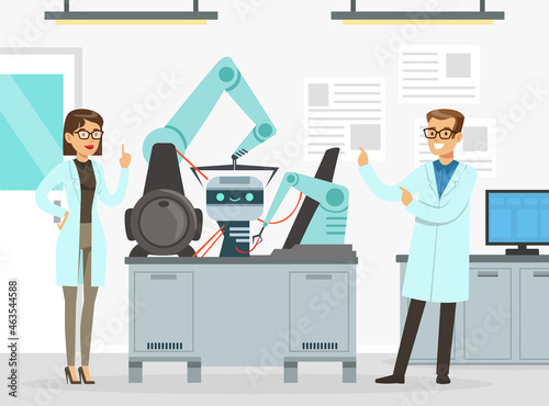 Man and Woman Scientist Conducting Experiment with Artificial Intelligence Assistance Vector Illustration