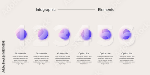 Business process chart infographics with 6 step circles. Circular corporate workflow graphic elements. Company flowchart presentation slide. Vector info graphic in glassmorphism design.