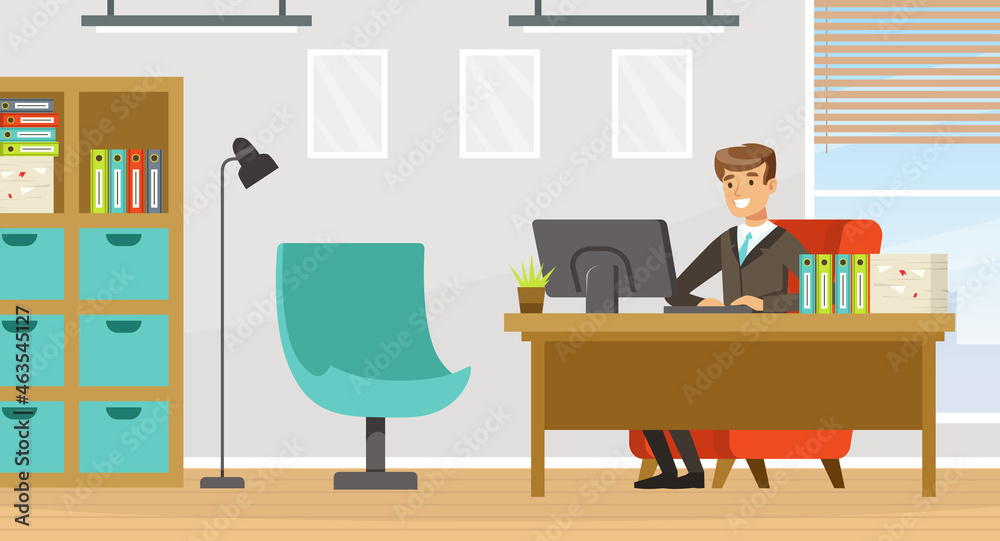 Fototapeta premium Man Office Worker Sitting at Table at Workspace Working Vector Illustration