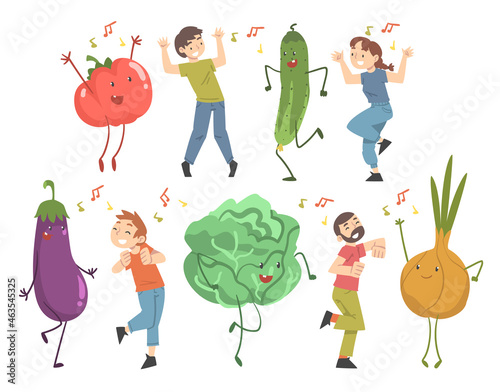 Happy People Character Dancing with Cheerful Vegetables Vector Set