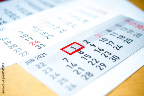 1st day month, calendar on table