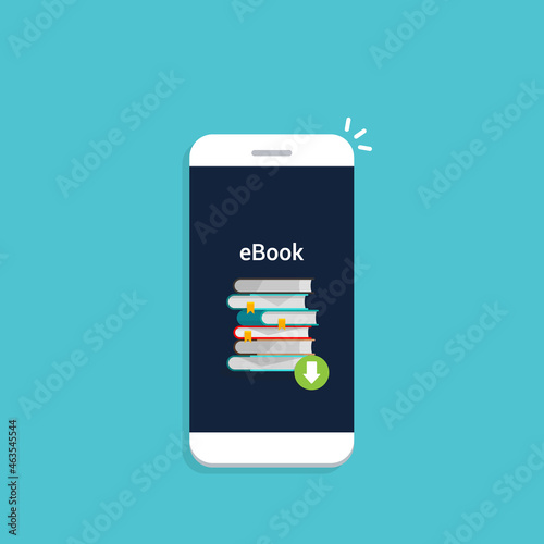 Download book. E-book marketing, content marketing, e-book download on smart phone . Vector illustration.