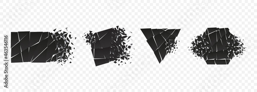 Shape explosion broken and shattered flat style design vector illustration set isolated on transparent background. Rhombus, hexagon, triangle, pentagon shape in grayscale gradient exploding demolition