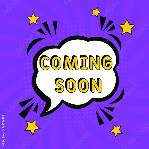 Comic book explosion with text Coming soon, vector illustration. Coming soon in comic pop art style. Comic advertising concept with Coming soon wording. Modern Web Banner Element