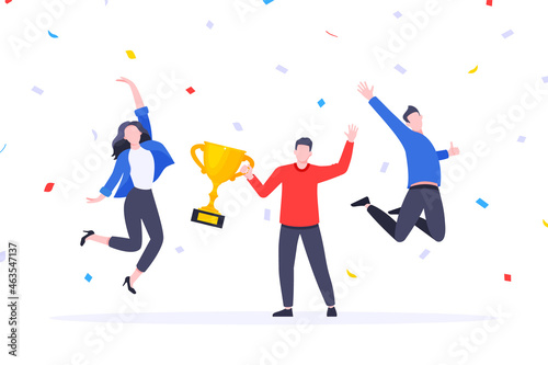 Happy business employee team winners award ceremony flat style design vector illustration. Employee recognition and best worker competition award team celebrating victory winner business concept. photo