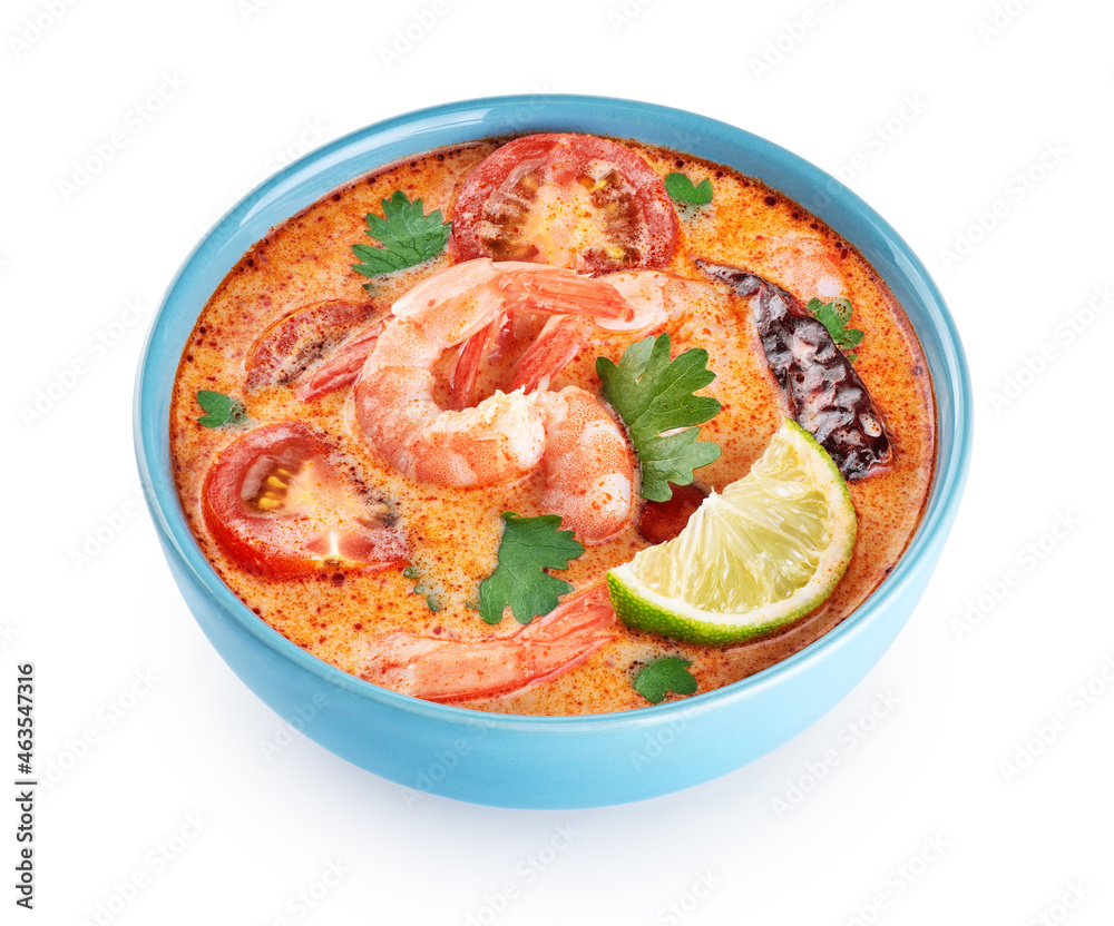 Tom yum noodle soup with spices and shrimp isolated on white background. With clipping path. Tom yum noodle soup with spices and shrimp isolated on white background. With clipping path.