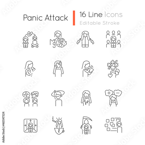 Panic disorder linear icons set. Symptoms and treatment. Anxiety and panic attack. Mental problems. Customizable thin line contour symbols. Isolated vector outline illustrations. Editable stroke