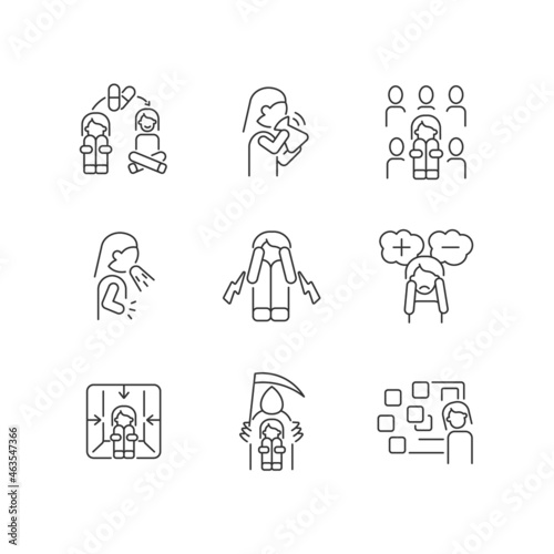 Phobias and its symptoms linear icons set. Vomiting and nausea. Hyperventilation and consternation. Customizable thin line contour symbols. Isolated vector outline illustrations. Editable stroke