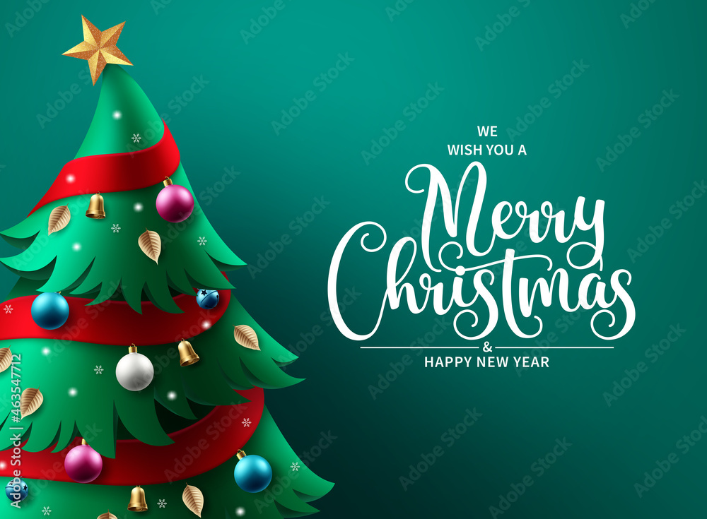Merry christmas greeting text vector background design. Christmas pine tree element with colorful xmas ornaments for holiday season card decoration in green background. Vector illustration. 