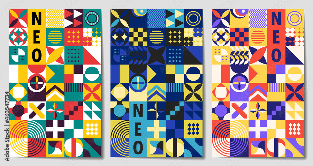 Neo geometric abstract modern colorful background poster. geometrical shapes. promotional flyer vector illustration set. Geometric template, brochure neo pattern Neo geometric abstract modern colorful background poster. geometrical shapes. promotional flyer vector illustration set. Geometric template, brochure neo pattern