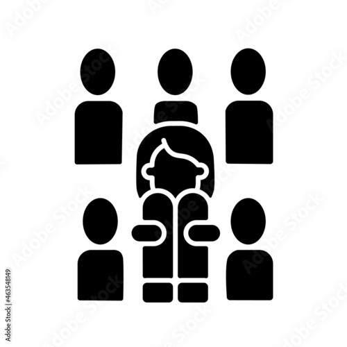 Enochlophobia black glyph icon. Irrational fear of crowd. Person scared of public and crowded places. Psychotherapy treatment. Silhouette symbol on white space. Vector isolated illustration
