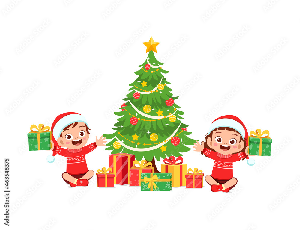 happy little boy and girl holding present for christmas happy little boy and girl holding present for christmas