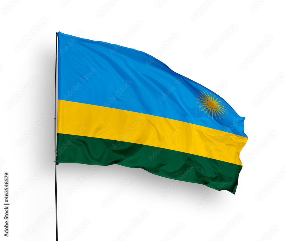 Obraz premium Rwanda flag isolated on white background. close up waving flag of Rwanda. flag symbols of Rwanda. Concept of Rwanda.