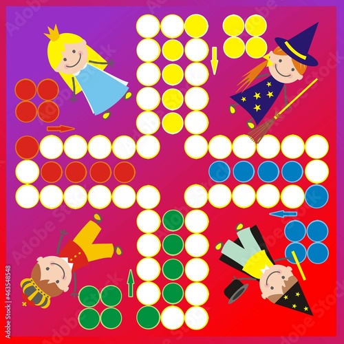 ludo, board game for four gamester, fairy tale characters, vector illustration	