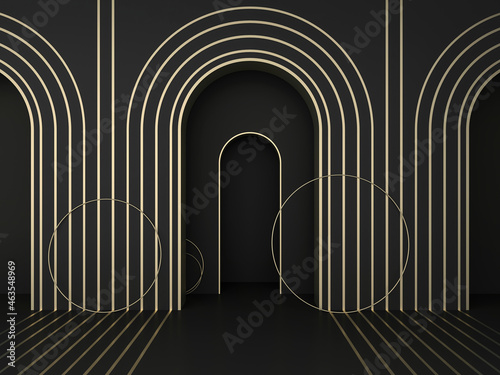 Abstract dark geometric background; arch mock up; simple clean arched design with golden stripes; luxury minimalist wall niche mockup; blank space; art deco display; 3d rendering, 3d illustration