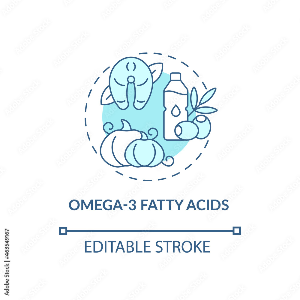 Omega three fatty acids concept icon. ADHD diet abstract idea thin line illustration. Healthy body. Dietary supplements. Health benefits. Vector isolated outline color drawing. Editable stroke Omega three fatty acids concept icon. ADHD diet abstract idea thin line illustration. Healthy body. Dietary supplements. Health benefits. Vector isolated outline color drawing. Editable stroke